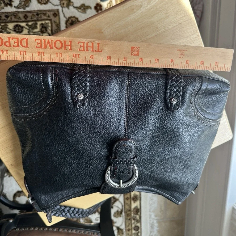 VTG Brighton Leather Handbag‎ Purse 11x14 Inch Black Woven Handle Buckle Accent